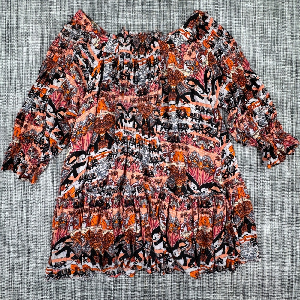 Free People Womens Elephant Print Smocked Off Shoulder Boho Top XS Festival